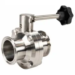 This DIXON butterfly valve features a 316L stainless steel body and disc with a lever handle and unlimited stop positions. It has a clamp connection, a maximum pressure rating of 140 psi CWP, and an average surface roughness of ≤ 32 micron. Suitable for use in sanitary process piping systems requiring 3-A certification.