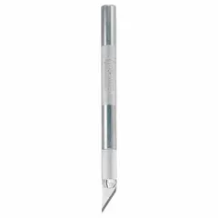 Steel replacement blade with angled tip, 25/32 in width and 0.64 mm thickness. Used for precision cutting tasks such as trimming, scoring, and slicing paper, plastic, and thin sheet goods.