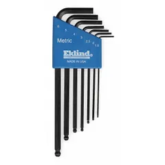 This 7-piece L-shaped hex key set includes metric sizes with a single ball end for angled access. The keys feature a black oxide finish and are designed for tightening or loosening hex socket screws in confined spaces.