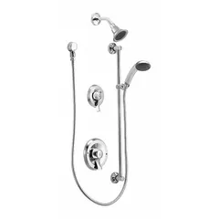 This shower faucet combines a fixed and handheld showerhead in a single-handle configuration. Constructed from brass and stainless steel, it delivers a fixed showerhead flow rate of 1.5 gpm. Suitable for commercial applications such as hotels, gyms, and institutional washrooms.