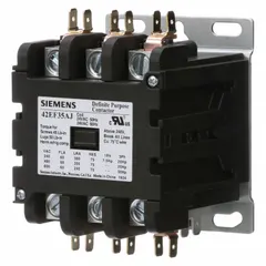 Three-pole, non-reversing definite purpose contactor from the 42 Series. Rated 60 A, 600V AC maximum, with 24V AC coil and 3NO main pole contact form. Surface mount with quick disconnect and screw/box lug terminals. Suitable for switching loads in HVAC, refrigeration, and industrial machinery.
