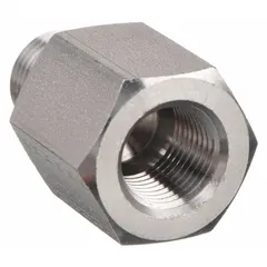 Straight pipe fitting for extreme pressure instrumentation systems. Made from 316 stainless steel with 1/8 in x 1/8 in fitting pipe size, rated to 6400 psi. Length 1 1/32 in. Suitable for high-pressure fluid connections in hydraulic and pneumatic control systems.
