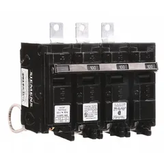 This 100 A, three-pole miniature circuit breaker from the BL Series is rated for 120/240V AC and features a shunt trip. With a maximum AIR rating of 22kA at 240V AC, it provides overcurrent protection in Siemens P1 panelboards for commercial and industrial power distribution systems.