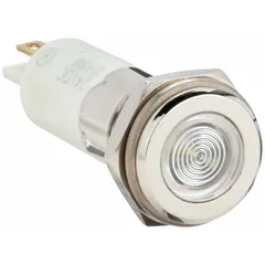 White LED indicator pilot light with a flush head and H12 designation. Features a 0.11 Male Quick Disconnect electrical connection. Designed for 12 mm panel mounting hole. Used in industrial control panels and machinery to provide a clear visual status signal.