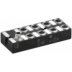 This IO-Link hub provides 16 digital inputs for connecting sensors and actuators in industrial automation. It operates at 24V DC and features 5-pole A-coded M12 female connectors. The hub enables decentralized signal acquisition and control in harsh environments.