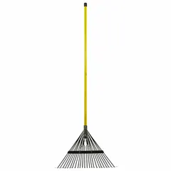 Standard leaf rake with a steel spring brace head that flexes to reduce strain during use. The 54-inch fiberglass handle provides lightweight reach for gathering leaves and light yard debris. Suitable for residential and commercial landscaping tasks.