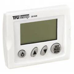 TAYLOR 3518N is a stem thermometer for internal food temperature testing. It features an LCD display, ±5 °F accuracy, and an alarm. The metal-detectable plastic case and lens help prevent foreign-object contamination. NSF certified.