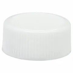 White opaque polypropylene screw cap with a PTFE faced polyethylene liner. Features a 20-400 mm screw closure size. Designed for sealing laboratory or industrial containers requiring chemical resistance and a tight seal for storing or shipping sensitive liquids or powders.