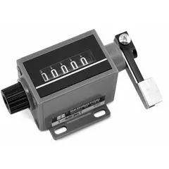 This TRUMETER mechanical counter is a base-mounted, right-hand top-coming (TC) unit with a white body and black digits. It features 5 digits and is designed for counting strokes or cycles in industrial machinery such as presses, stamping equipment, and packaging lines.