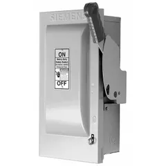 The Siemens HF361N is a 30 A, three-phase fusible safety switch rated for 600V AC. It features a galvanized steel enclosure designed for indoor use. This switch provides a visible disconnecting means for electrical circuits, commonly used in panelboards or as machinery disconnects.