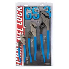 Self-adjusting tongue and groove pliers set with max jaw openings of 1 1/2 in, 7/8 in, and 2 1/4 in. Used for gripping, turning, and clamping nuts, pipes, and fittings in plumbing, HVAC, and industrial maintenance applications.