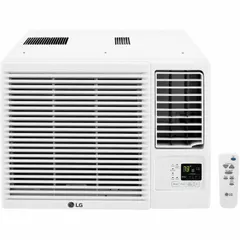 This residential-grade window air conditioner provides 18,000 BtuH cooling and electric heating for rooms from 700 to 1,000 sq ft. It operates on 208/230V AC with a NEMA 6-20P plug and has a CEER rating of 11.1. The unit includes a remote control for convenient operation.