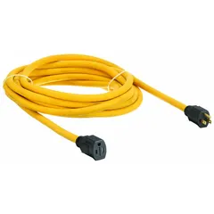 This outdoor extension cord features a 25 ft length with a single outlet and NEMA 5-15P plug. Constructed with 10/3 SJTW jacket in yellow for visibility, it operates at 125V AC and is rated for temperatures from -40° to 167°F. Suitable for powering tools, lights, or equipment in outdoor environments.