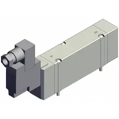 Solenoid Valve: SY9000 Series, Single Solenoid, Five-Way / Two-Position, 5 Ports, 24V DC, Female (MPN SY9140-5DZ). Key specifications — attr1082345: Single Solenoid Monostable; attr1082298: DIN Solenoid Connector; attr1082321: Internal Pilot; attr1082278: SY9140-5DZ; attr1082335: Non-Locking; attr1082343: Solenoid Air Control Valve; attr1082348: SY9000.