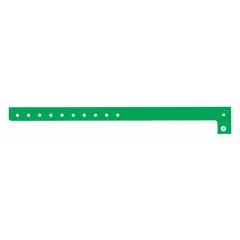 Plastic security wristband in green, blank legend for custom marking. Each wristband measures 10 inches overall length and 5/8 inch overall width. Supplied in packs of 500. Commonly used for access control, event management, and patient identification.