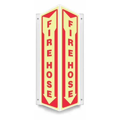 CONDOR Safety Sign: PETG, Mounting Holes Sign Mounting, 18 in x 7 1/2 in Nominal Sign Size - V-Shape Projection Fire Hose Signs