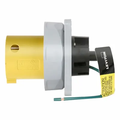 LEVITON Pin and Sleeve Inlet: Yellow, 125V AC, Three Phase, 60 A, 2 Pole, 3 Wire - Washdown-Rated Inlets