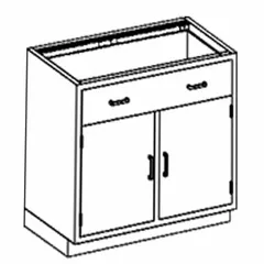 This wall-mounted base cabinet is constructed of stainless steel for corrosion resistance in laboratory and industrial settings. It features one drawer and measures 35 inches wide by 22 inches deep, with an overall height of 35 1/4 inches. Suitable for storage of tools, parts, or supplies in environments requiring hygiene and durability.
