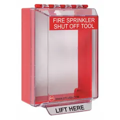 This surface-mount sprinkler shutoff guard is designed for wall mounting. It features a red housing with the legend 'FIRE SPRINKLER SHUT OFF TOOL' for clear identification. Suitable for protecting fire sprinkler shutoff tools in commercial or industrial settings.