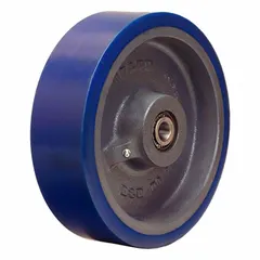 This wheel features a polyurethane tread on a steel core with an Ergo-Glide tread shape. It has a 10-inch diameter, 3-inch width, and a load rating of 3,240 lb. Suitable for heavy-duty material handling equipment, carts, and platforms in industrial environments.