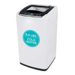 This compact top-load washing machine has a 0.9 cu ft capacity and operates on 120V AC. Its stackable design allows installation in tight spaces such as apartments, RVs, or vacation homes. The unit is finished in white.