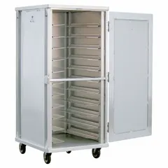 This enclosed aluminum cabinet holds 18 x 26 in sheet pans in 11 adjustable-angle slots with 1-1/2 in spacing between shelves. NSF certified for sanitation in food storage and preparation areas. Does not include a top and does not nest.