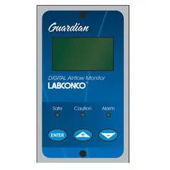 Plastic airflow monitor for fume hoods, operating on 208 to 230V AC. Includes electrical power pack. Overall width 12 in. Used to verify proper airflow in laboratory fume hoods, alerting when airflow drops below safe levels.