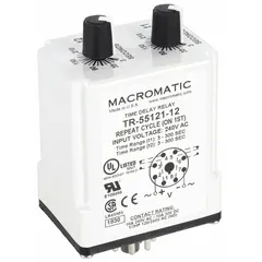 Socket-mounted time delay relay with 8 pins, rated 240V AC and 10 A. Used in industrial automation for timing control in machinery, conveyors, and HVAC systems to delay or cycle power, preventing rapid cycling or sequencing faults.