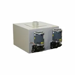This condensate return pump system collects and returns condensate from steam heating systems to the boiler. It features a duplex configuration with a 1/2 hp motor, 115/230V AC operation, a 15-gallon cast iron tank, and a maximum head of 50 ft. Connections are FNPT.