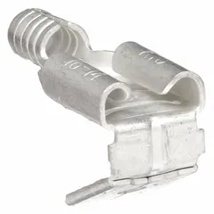Non-insulated piggyback disconnect with a bare 0.25 in x 0.032 in tab. Features a butted barrel and seam. Used for quick connect and disconnect of wires in electrical panels, control cabinets, and industrial machinery.
