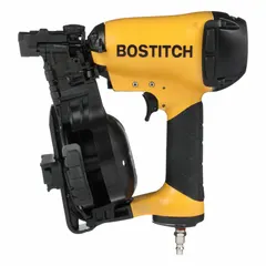 This air-powered roofing nailer features a bump-fire mode and 15° wire coil collation. It accepts a 1/4 in male air fitting and has a nail capacity of 120. Suitable for installing roofing felt, shingles, and other roofing materials in residential and commercial applications.