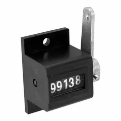 Electromechanical counter with analog display, base mounting for rear panel installation. Measures 1 3/8 in x 7/8 in, counts up to 16 counts per second. Black finish. Suitable for counting events or cycles in industrial machinery and process control systems.