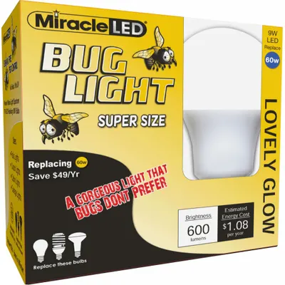 MIRACLE LED Compact LED Bulb: Medium Screw (E26), LED, (A) Classic, A19, 9 W Watt, 2000K - Bug Light Lamps