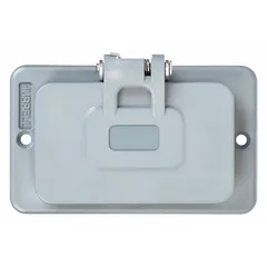 This portable outlet box cover is designed for GFCI receptacles and rated for Type 3R environments. The gray cover provides protection against rain and moisture, suitable for outdoor construction sites, industrial facilities, and temporary power applications.
