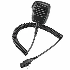Black speaker microphone with 18-inch cord and 3.5 mm jack. Features push-to-talk and 2-pin screw-attach connector. Compatible with ICOM F1000, F1000D, F1100, and F29SR series radios. Used for two-way radio communication in field operations.