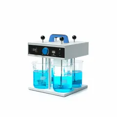 This flocculator accommodates four 1 L beakers and operates at speeds from 20 to 200 RPM. It is used in water and wastewater treatment laboratories for jar testing to simulate mixing and flocculation stages. The anti-skid base provides stability during operation.