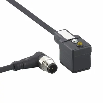 IFM Patch cable: M12 Male Right Angle x DIN Form B Industrial, 2 ft Cable Lg - DIN Form Industrial B Solenoid Connector x M12 Cordsets
