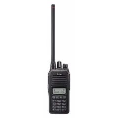 VHF analog handheld two-way radio with 5 W output and 128 alphanumeric channels. Black housing. FCC license required for operation. Suitable for business communication in settings such as job sites, warehouses, and facilities.