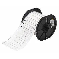 Polyolefin sleeve label roll, white matte finish, precut to 3/16 in x 2 in. Designed for wire identification on 10 AWG to 20 AWG conductors. Compatible with i3300 printer series. Used in industrial control panels, machinery, and electrical installations for permanent marking.