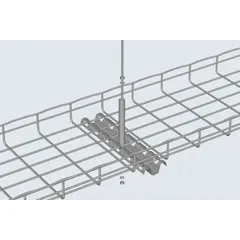 Steel ceiling support for suspending Cablofil 24 in width wire mesh trays. Galvanized finish provides corrosion resistance. Used in overhead cable management for routing electrical cables in commercial and industrial installations.