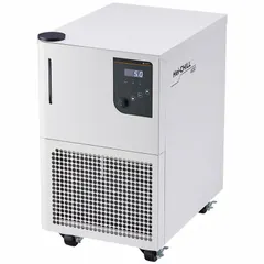 Refrigerated lab chiller with 600 W cooling capacity, minimum temperature setting of -10 °C, and flow rate of 20 lpm under pressure. Features an LED display and operates on 115/600V AC input. Used for precise temperature control in laboratory processes such as chemical synthesis, sample cooling, and material testing.