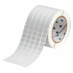 Precut label roll measuring 7/16 in x 1/2 in, designed for use with Brady THT series printers. The tamper-indicating checkerboard footprint fractures upon removal, leaving a visible void pattern to indicate unauthorized access. Suitable for sealing equipment, enclosures, or access panels in industrial environments.