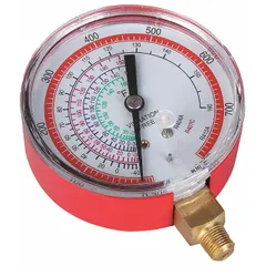Analog high side pressure gauge with a 3 1/8 in diameter dial, 0 to 800 psi range, and ±2.5% accuracy. Non-liquid filled construction in red color. Designed for use with R-22 refrigerant in HVACR systems to monitor discharge pressure.