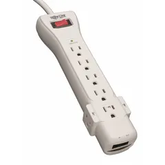 This UL 1363 listed surge protector features 7 outlets and a 6 ft cord, providing 1080 J of surge energy dissipation at 15 A. The gray unit includes keyhole slots for wall or desk mounting, suitable for protecting electronics in office or home environments.