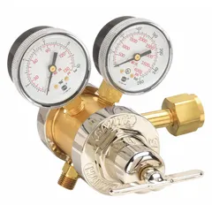 This two-stage gas regulator from SMITH EQUIPMENT is designed for oxygen service with a CGA 540 inlet connection and a 9/16"-18 M RH outlet. It features a neoprene diaphragm and delivers a maximum outlet pressure of 125 psig. Suitable for reducing and stabilizing cylinder pressure in welding, cutting, and industrial gas applications.