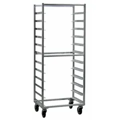Aluminum full-size pan rack with 12 slots spaced 5 in apart, 700 lb capacity, and side-loading access. Silver finish, NSF certified. Accommodates 13 x 18 in sheet pans. Suitable for commercial kitchens and bakeries for storage, proofing, or cooling.