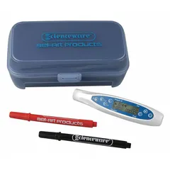 This digital colony counter pen operates on a 3V DC lithium battery (included) and is designed for manual counting of bacterial or fungal colonies on agar plates. It features a pen-style form factor for handheld use and is compatible with a Counter System. No magnification is included.