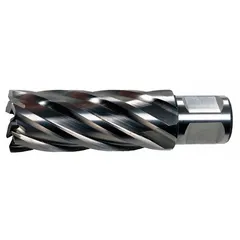 This high-speed steel annular cutter is designed for general cutting applications in metalworking. It features a bright finish and a Weldon Flat shank, with a 23 mm diameter and a maximum cutting depth of 3 inches. Suitable for creating clean holes in steel and other materials.