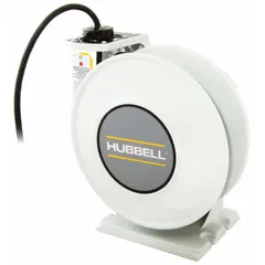 Hardwired self-retracting cord reel with ratchet lock mechanism. Cord length 25 ft, 12 AWG, SJO cord in white, terminating in bare wire. Suitable for industrial environments requiring retractable power access.