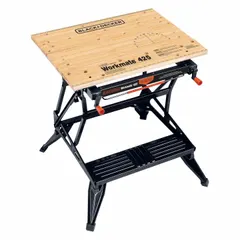 This portable workbench features a fold-up steel body and a powder-coated frame for mobility and stability. The height adjusts via a spring lever mechanism, and the peg clamping system secures workpieces. A built-in ruler aids measurement. Partially assembled, it is suited for cutting, clamping, and assembly tasks on job sites or in workshops.